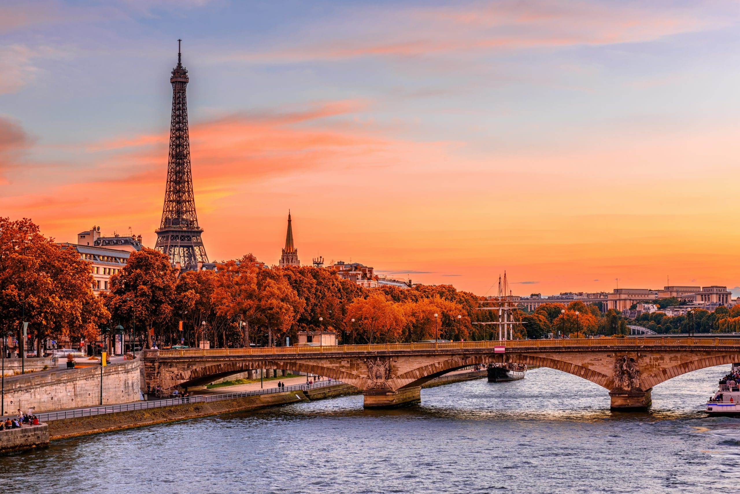 Autumnal overlooking image of Paris with bridge